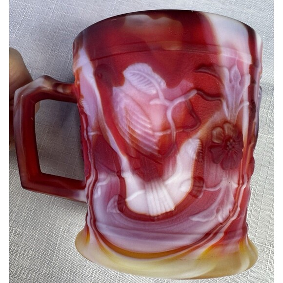Imperial Glass End Of Day Slag Glass Mug Robins & Flowers Red Yellow White MINT - Picture 8 of 15